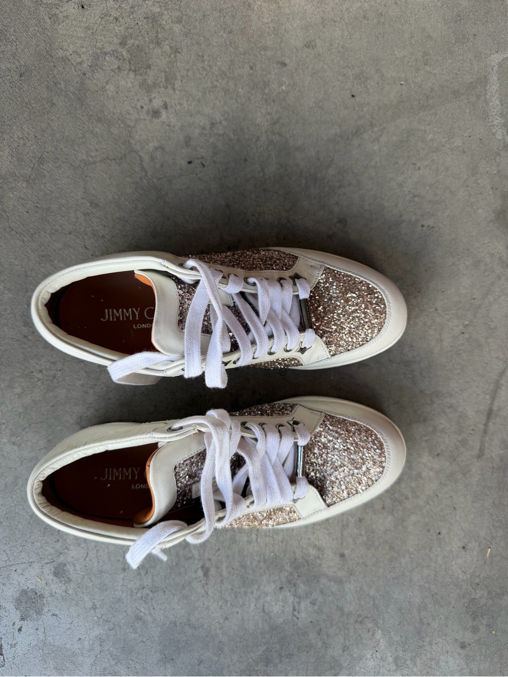 Jimmy Choo Rose Gold Glitter Low-Top Sneakers with White Trim